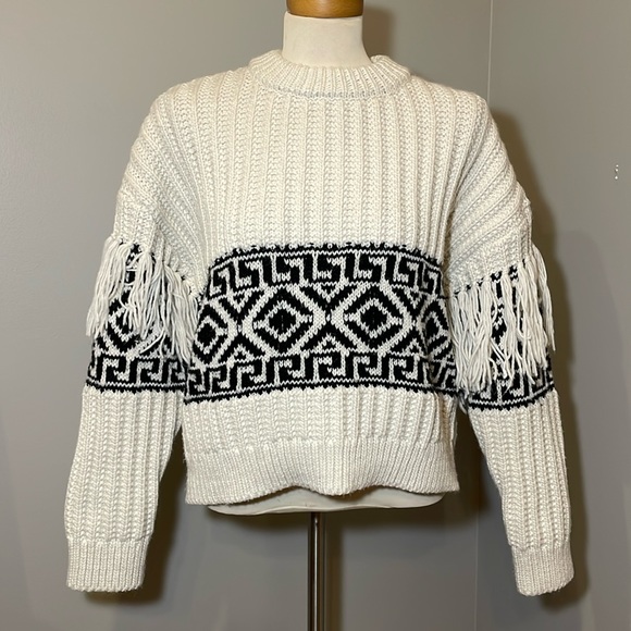 H&M Chunky Knit Fair Isle Cropped Sweater CREAM W/ BLACK ACCENTS / MEDIUM - Picture 1 of 11